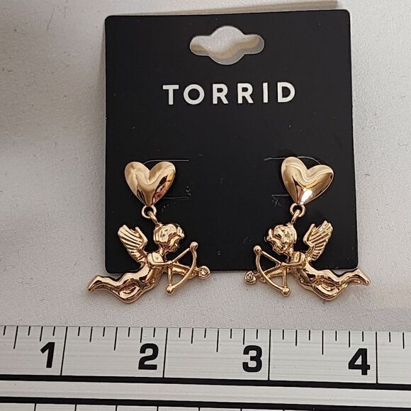 Torrid Gold Cupid Earring Heart Charm Dangle Rhinestone Cherrub Romance 90s Love - Picture 7 of 7